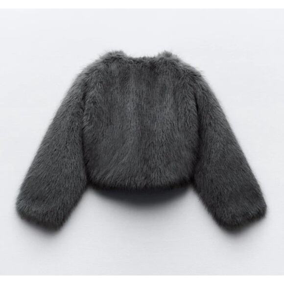 ZARA Blogger-Favorite Faux Fur Cropped Jacket Gray Hook & Eye XS 6318/261 - Picture 6 of 12